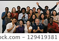 diverse group of happy people clapping and smiling together, multicultural team celebration 129419381