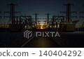High Voltage Electrical Substation at Sunset - Power Grid Infrastructure with Energy Flow Visualization High Voltage Electrical Substation at Sunset - Power Grid Infrastructure with Energy Flow Visualization 140404292