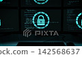 3D animation of 6 multi-displays; lock security icon; zoom out. 3D animation of 6 multi-displays; lock security icon; zoom out. 142568637